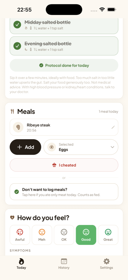 Meals card with the honest cheat button